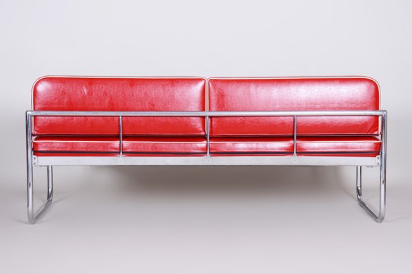 Bauhaus Czech Red Tubular Sofa in Chrome-Plated Steel & High Quality Leather attributed to Hynek Gottwald, Czech, 1930s-WHY-1776774