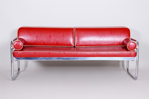 Bauhaus Czech Red Tubular Sofa in Chrome-Plated Steel & High Quality Leather attributed to Hynek Gottwald, Czech, 1930s-WHY-1776774