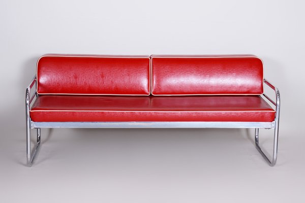 Bauhaus Czech Red Tubular Sofa in Chrome-Plated Steel & High Quality Leather attributed to Hynek Gottwald, Czech, 1930s-WHY-1776774