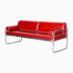 Bauhaus Czech Red Tubular Sofa in Chrome-Plated Steel & High Quality Leather attributed to Hynek Gottwald, Czech, 1930s-WHY-1776774