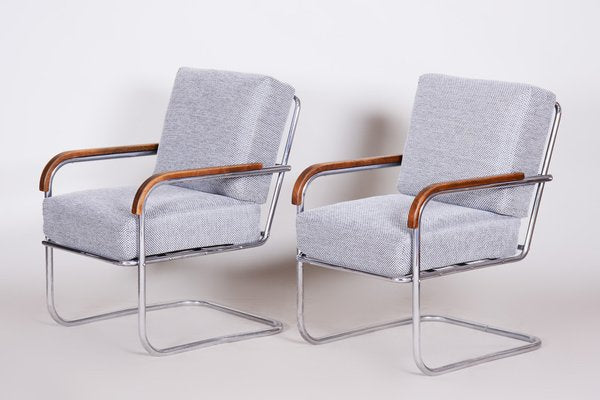 Bauhaus Grey Tubular Armchairs Chrome-Plated Steel & New Upholstery attributed to Mücke Melder, Czech, 1930s, Set of 2-WHY-1772631