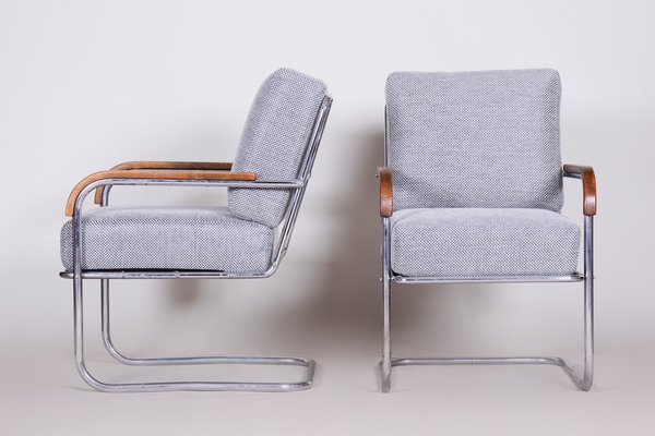 Bauhaus Grey Tubular Armchairs Chrome-Plated Steel & New Upholstery attributed to Mücke Melder, Czech, 1930s, Set of 2-WHY-1772631