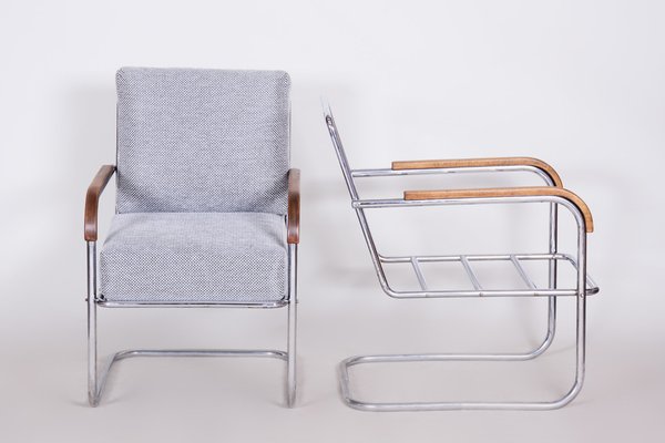 Bauhaus Grey Tubular Armchairs Chrome-Plated Steel & New Upholstery attributed to Mücke Melder, Czech, 1930s, Set of 2-WHY-1772631