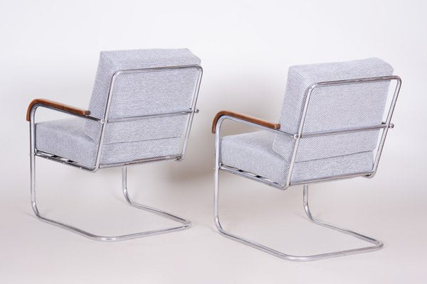 Bauhaus Grey Tubular Armchairs Chrome-Plated Steel & New Upholstery attributed to Mücke Melder, Czech, 1930s, Set of 2-WHY-1772631