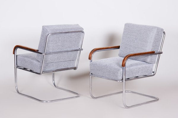 Bauhaus Grey Tubular Armchairs Chrome-Plated Steel & New Upholstery attributed to Mücke Melder, Czech, 1930s, Set of 2-WHY-1772631