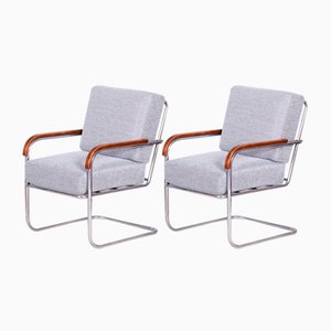 Bauhaus Grey Tubular Armchairs Chrome-Plated Steel & New Upholstery attributed to Mücke Melder, Czech, 1930s, Set of 2-WHY-1772631