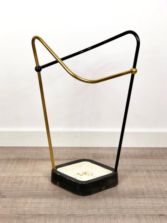 Bauhaus Iron, Brass, Aluminium Umbrella Stand, Germany, 1950s