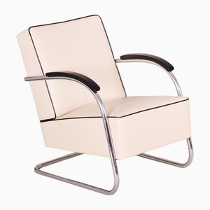 Bauhaus Ivory Tubular Armchair in Leather from Mücke-Melder, 1930s-WHY-1768653