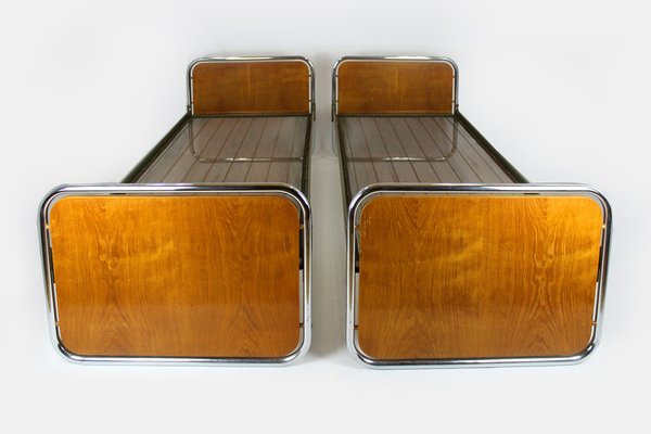 Bauhaus Oak & Tubular Steel Beds, 1940s, Set of 2-WVS-1767689