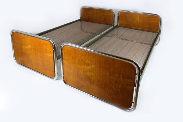 Bauhaus Oak & Tubular Steel Beds, 1940s, Set of 2-WVS-1767689