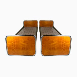 Bauhaus Oak & Tubular Steel Beds, 1940s, Set of 2-WVS-1767689