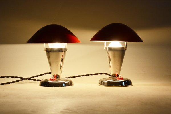 Bauhaus Red Chrome Table Lamps attributed to Napako, 1930s, Set of 2-WHY-1767470