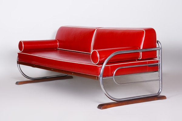 Bauhaus Red Sofa in Chrome-Plated Steel & High Quality Leather attributed to Robert Slezák, Czech, 1930s-WHY-1777964