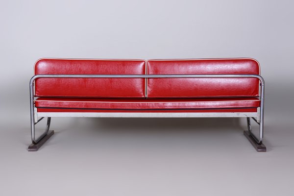 Bauhaus Red Sofa in Chrome-Plated Steel & High Quality Leather attributed to Robert Slezák, Czech, 1930s-WHY-1777964