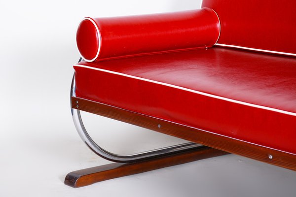 Bauhaus Red Sofa in Chrome-Plated Steel & High Quality Leather attributed to Robert Slezák, Czech, 1930s-WHY-1777964