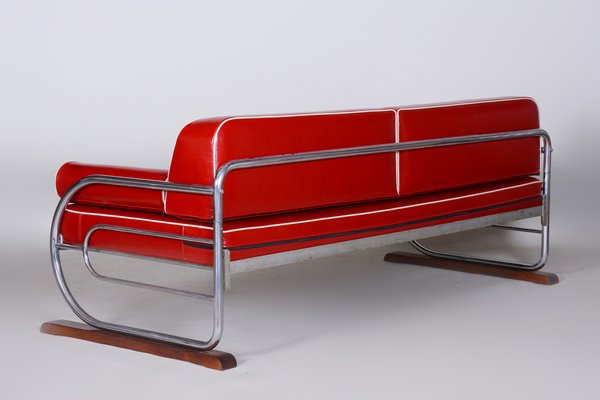 Bauhaus Red Sofa in Chrome-Plated Steel & High Quality Leather attributed to Robert Slezák, Czech, 1930s-WHY-1777964