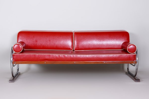 Bauhaus Red Sofa in Chrome-Plated Steel & High Quality Leather attributed to Robert Slezák, Czech, 1930s-WHY-1777964