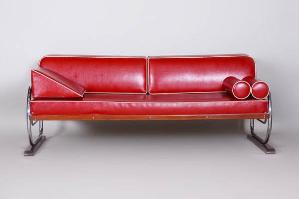 Bauhaus Red Sofa in Chrome-Plated Steel & High Quality Leather attributed to Robert Slezák, Czech, 1930s-WHY-1777964