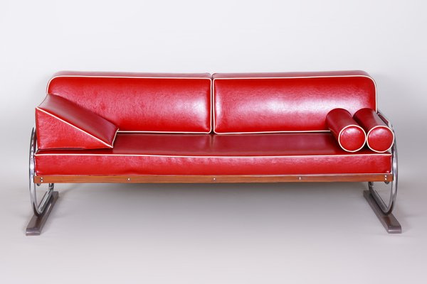 Bauhaus Red Sofa in Chrome-Plated Steel & High Quality Leather attributed to Robert Slezák, Czech, 1930s-WHY-1777964