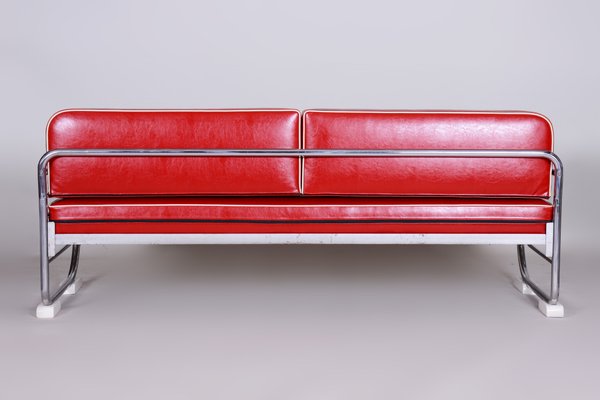 Bauhaus Red Tubular Chromed Steel Sofa from Robert Slezák, 1930s-WHY-655722