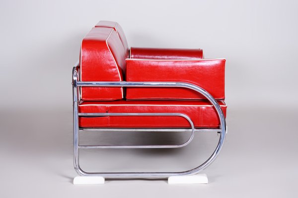 Bauhaus Red Tubular Chromed Steel Sofa from Robert Slezák, 1930s-WHY-655722