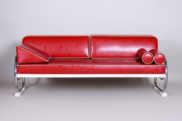 Bauhaus Red Tubular Chromed Steel Sofa from Robert Slezák, 1930s-WHY-655722