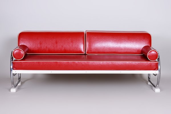 Bauhaus Red Tubular Chromed Steel Sofa from Robert Slezák, 1930s-WHY-655722