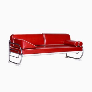 Bauhaus Red Tubular Chromed Steel Sofa from Robert Slezák, 1930s-WHY-655722