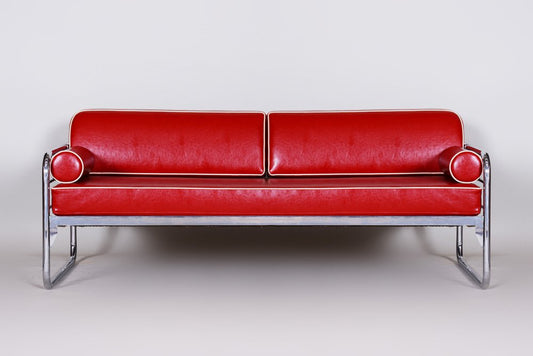 Bauhaus Red Tubular Sofa in Chrome-Plated Steel & Leather attributed to Hynek Gottwald, 1930s