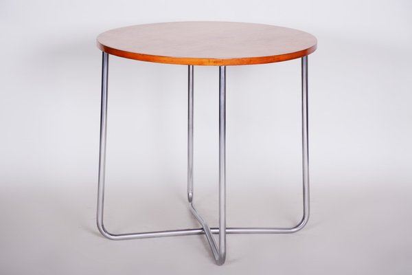 Bauhaus Round Tubular Chrome & Beech Coffee Table attributed to Vichr, 1930s-WHY-1767478