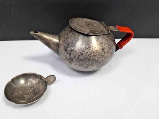 Bauhaus Silver-Plated Teapot and Tea Strainer, WMF, 1950s, Set of 2-UWE-1778659