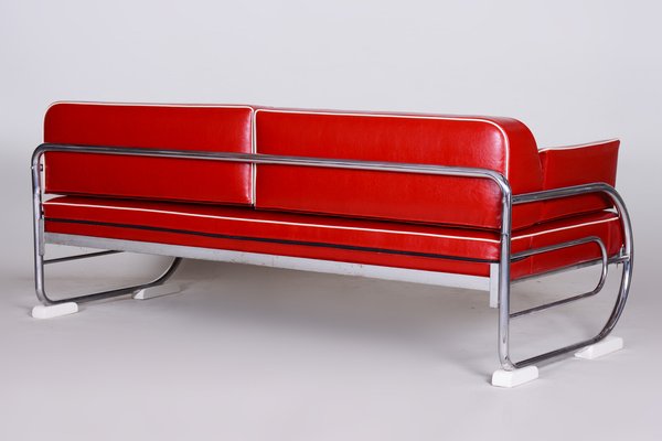 Bauhaus Sofa in Chrome-Plated Steel and Red Leather attributed to Robert Slezák, Former Czechoslovakia, 1950s-WHY-1776756