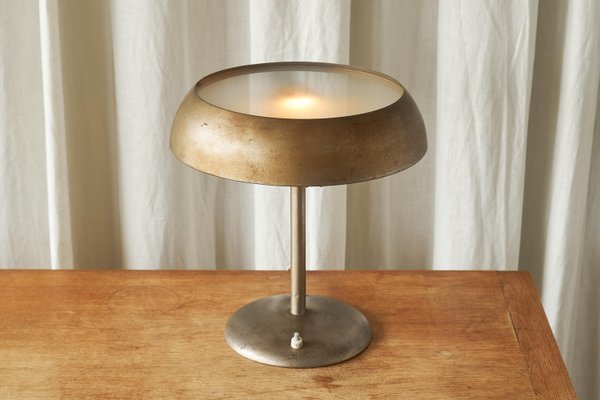 Bauhaus Style Table Lamp in Patinated Metal and Satin Glass, 1940s-FEW-2024217