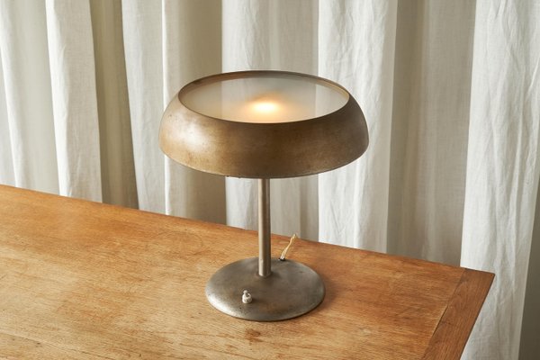 Bauhaus Style Table Lamp in Patinated Metal and Satin Glass, 1940s-FEW-2024217