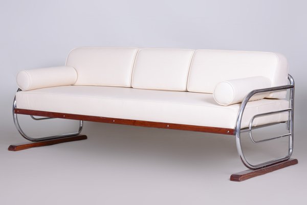 Bauhaus White Tubular Sofa in Beech, Chrome-Plated Steel & High Quality Leather attributed to Robert Slezák for Slezak Factories, Czech, 1930s-WHY-1772642