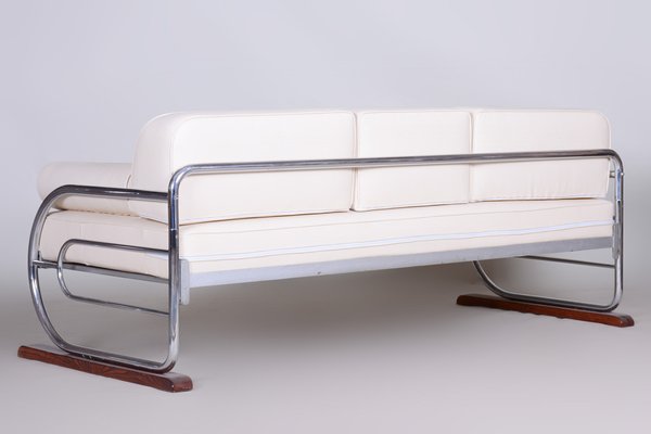 Bauhaus White Tubular Sofa in Beech, Chrome-Plated Steel & High Quality Leather attributed to Robert Slezák for Slezak Factories, Czech, 1930s-WHY-1772642