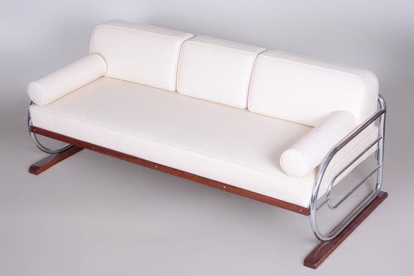 Bauhaus White Tubular Sofa in Beech, Chrome-Plated Steel & High Quality Leather attributed to Robert Slezák for Slezak Factories, Czech, 1930s-WHY-1772642