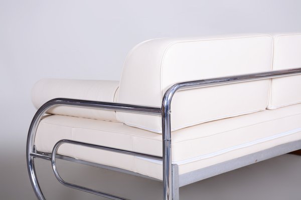 Bauhaus White Tubular Sofa in Beech, Chrome-Plated Steel & High Quality Leather attributed to Robert Slezák for Slezak Factories, Czech, 1930s-WHY-1772642