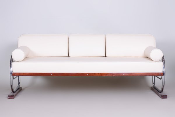 Bauhaus White Tubular Sofa in Beech, Chrome-Plated Steel & High Quality Leather attributed to Robert Slezák for Slezak Factories, Czech, 1930s-WHY-1772642