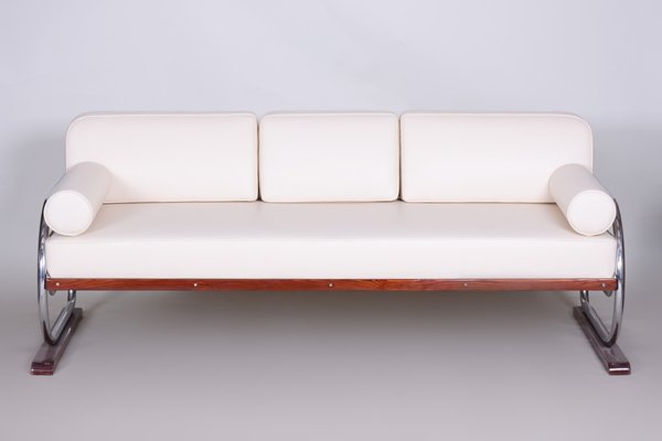 Bauhaus White Tubular Sofa in Beech, Chrome-Plated Steel & High Quality Leather attributed to Robert Slezák for Slezak Factories, Czech, 1930s-WHY-1772642