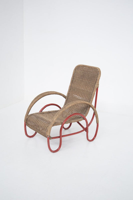 Bauhaus Wicker and Painted Metal Armchair, 1930s