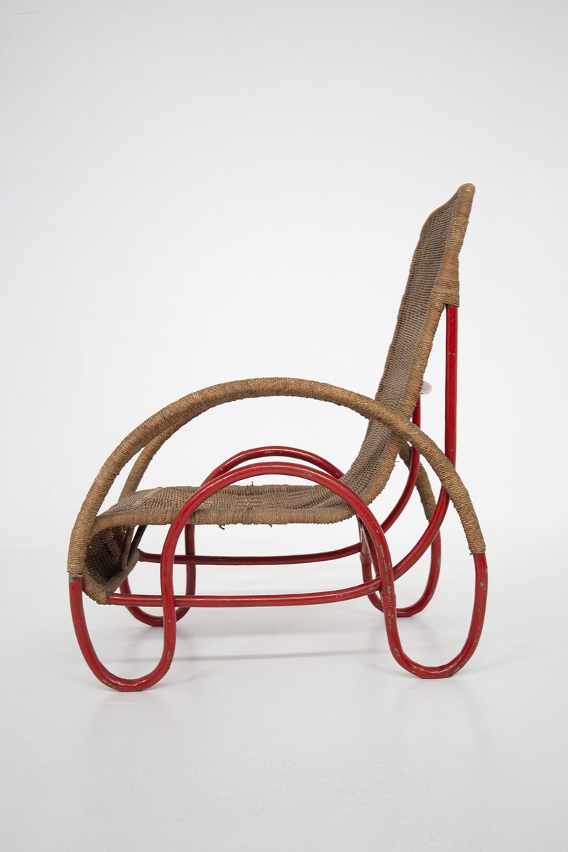 Bauhaus Wicker and Painted Metal Armchair, 1930s