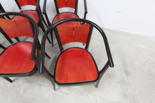 Baumann Armchairs Model Diese in Colour Wengé and Red from Pagnon Pelhaître, Set of 6-VQY-1744130