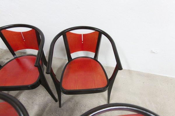 Baumann Armchairs Model Diese in Colour Wengé and Red from Pagnon Pelhaître, Set of 6-VQY-1744130