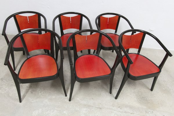 Baumann Armchairs Model Diese in Colour Wengé and Red from Pagnon Pelhaître, Set of 6-VQY-1744130