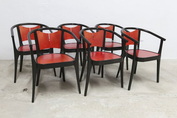 Baumann Armchairs Model Diese in Colour Wengé and Red from Pagnon Pelhaître, Set of 6-VQY-1744130