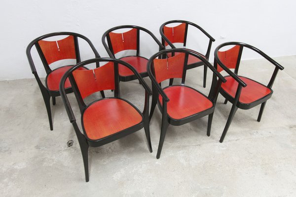 Baumann Armchairs Model Diese in Colour Wengé and Red from Pagnon Pelhaître, Set of 6-VQY-1744130