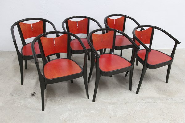 Baumann Armchairs Model Diese in Colour Wengé and Red from Pagnon Pelhaître, Set of 6-VQY-1744130