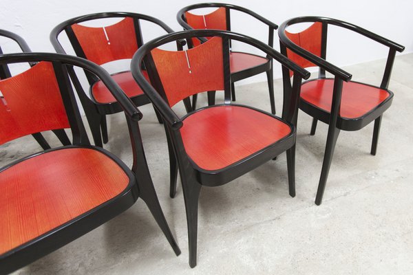 Baumann Armchairs Model Diese in Colour Wengé and Red from Pagnon Pelhaître, Set of 6-VQY-1744130