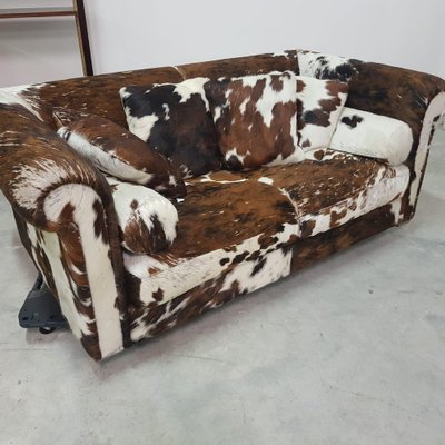 Baxter Brown and White Cow Fur Leather Sofa with Pillows, Italy, 1990s-XDW-1801542